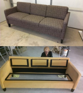 before and after shot of couch being reupholstered in Grand Rapids, MI